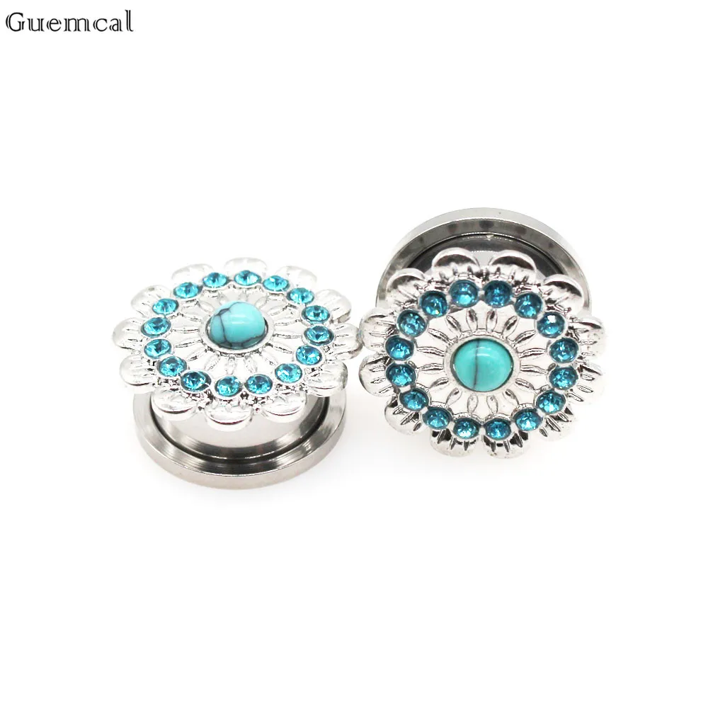 Guemcal 2pc Stianless Steel Ear Plugs and Tunnels 6-18mm Flower Ear Gauges Expander Stretcher for Earrings Piercing Body Jewelry