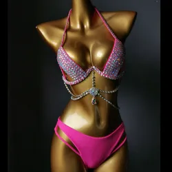 Bar Sexy Rhinestones Bikini Set Women Diamond Rose Pole Dance Outfits Nightclub Party Carnival Rave Stage Costume Bra+Briefs