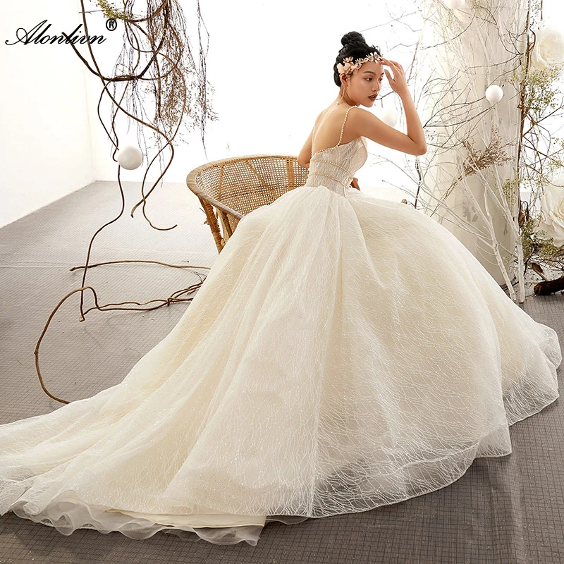 Alonlivn Glisten Voile Spaghetti Straps A-Line Wedding Dresses And Sweetheart Floor-Length Beading Crystals Bride Skirts