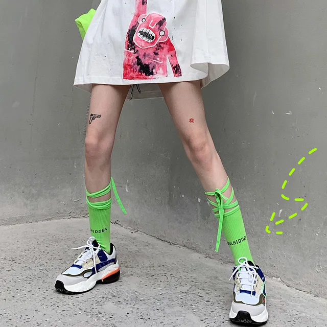 Fashion green Men\'s socks Street Cool Hip Hop Fluorescence Yellow Unisex Women Men ribbon Long socks cotton Funny Socks happy