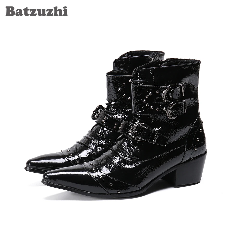 

Batzuzhi Western Handsome Men Boots Pointed Toe Black Leather Ankle Boots Buckles 6.5cm Motorcycle Boots Men Party and Business