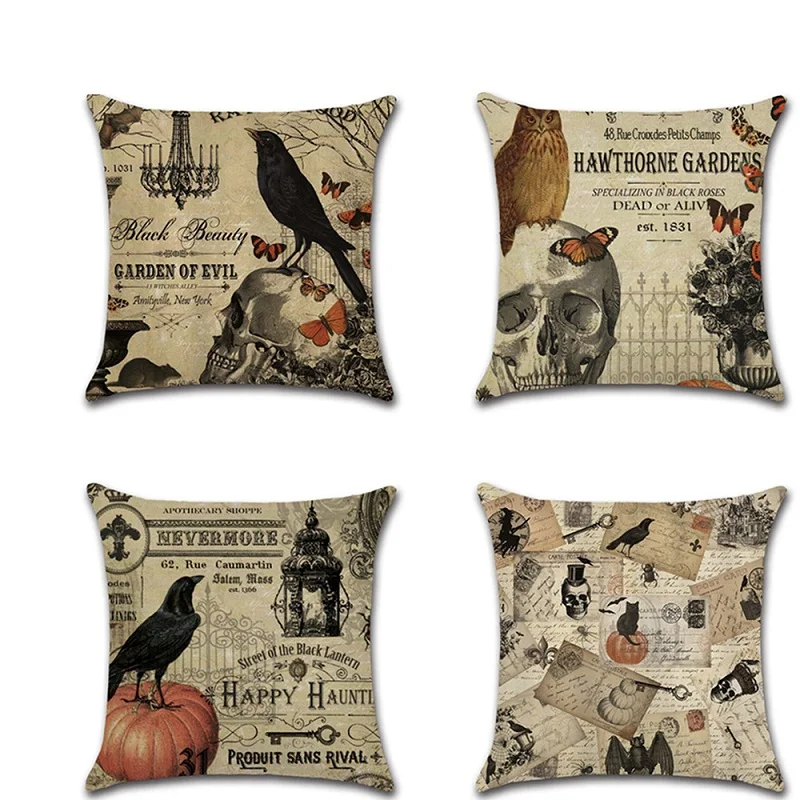 

Halloween Retro Crow Skull Throw Pillow Covers Pillowcases housse coussin Decorative Sofa Cushion Cover fundas cojines decor