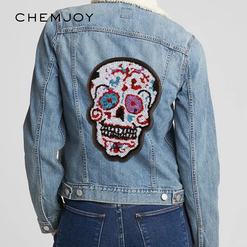 Large Sequin Patch Black Skull Sew on Patches for Cool Clothing Coat Backpacks Sewing Applique Clothes Stickers Jacket Badges