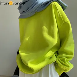 Silueta femenina de invierno cuello redondo agregar sudadera de terciopelo sudaderas con capucha holgadas con hombros descubiertos para mujer verde fluorescente