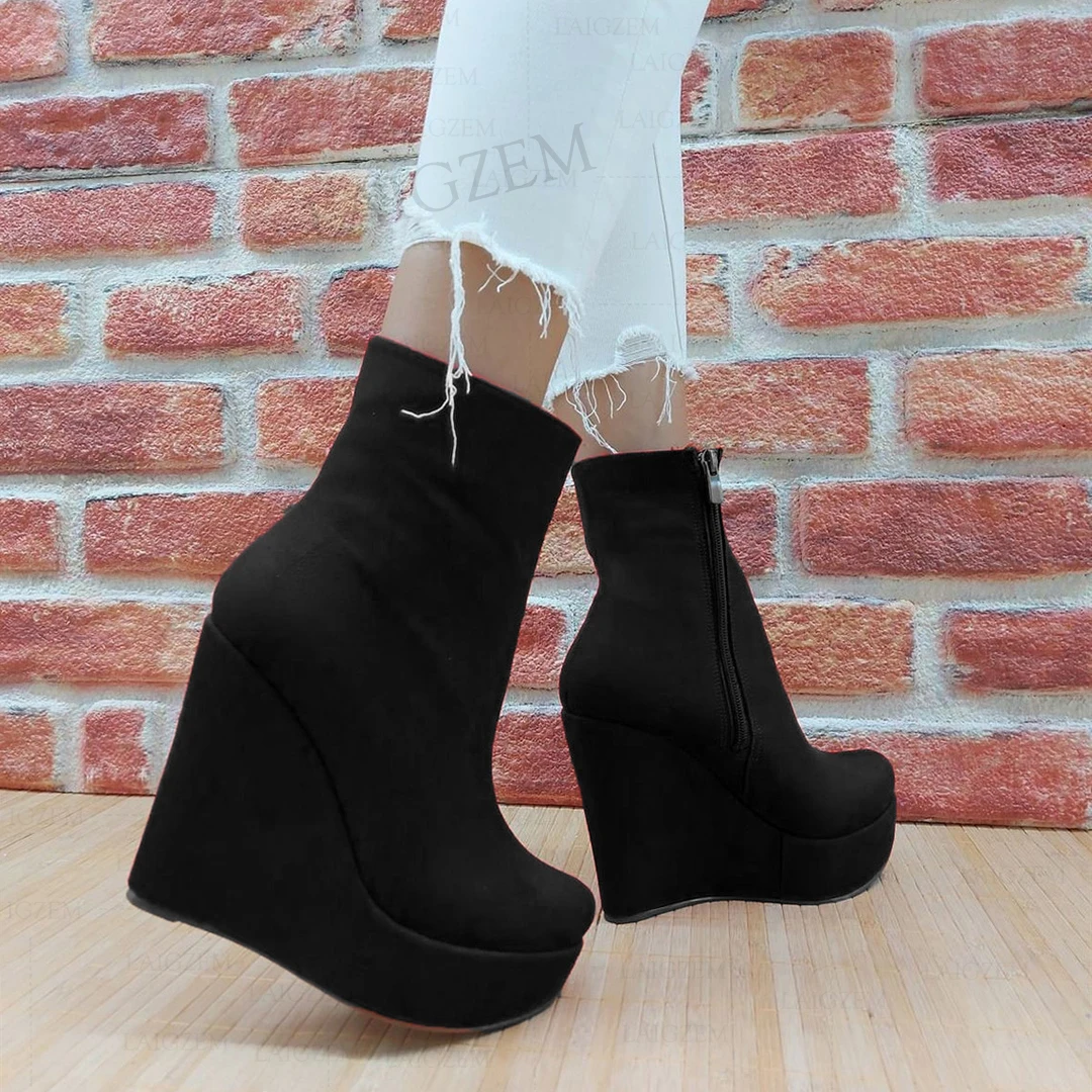 SEIIHEM Women Ankle Platform Wedges Boots Side Zip Faux Suede Short Booties Round Toe Height Increase Shoes Woman Big Size 45 52