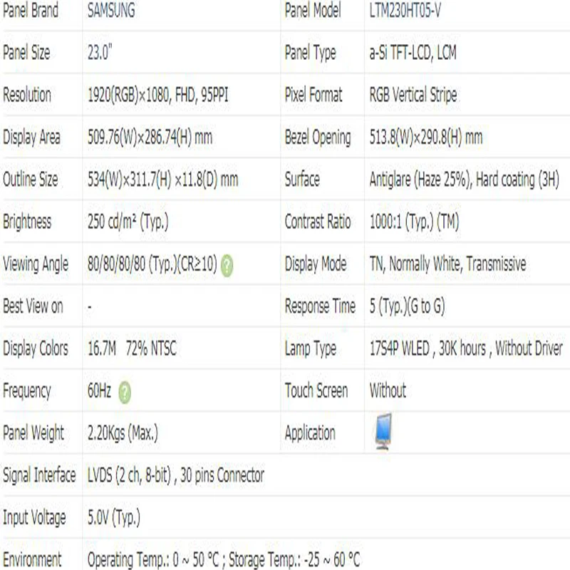 Pantalla LCD LVDS de 23,0 pulgadas, 1920x1080 TN, 30 Pines, LTM230HT05, LTM230HT08, LTM230HT09, LTM230HT10, LTM230HT11, LTM230HT12, LTM230HL08