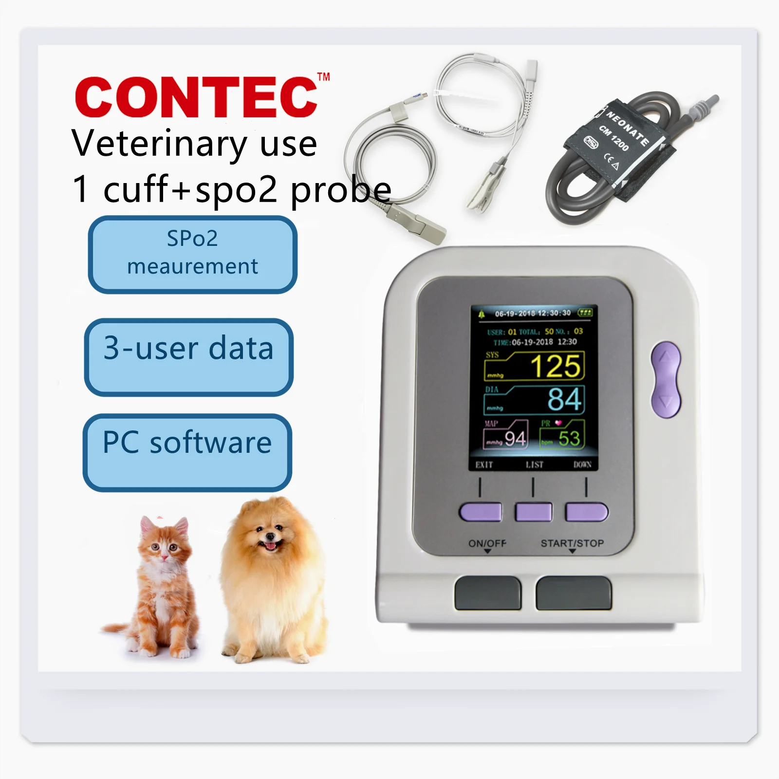 

Veterinary use Blood Pressure Monitor CONTEC08A-VET Digital NIBP Cuff +free spo2 probe Tongue clamp sensor Dog/Cat/Pets animals