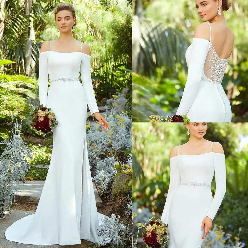 Vestido de Novia Abiti da Sposa semplici a maniche lunghe sirena al largo della spalla abito da Sposa diviso Abiti da Sposa Abiti da Sposa