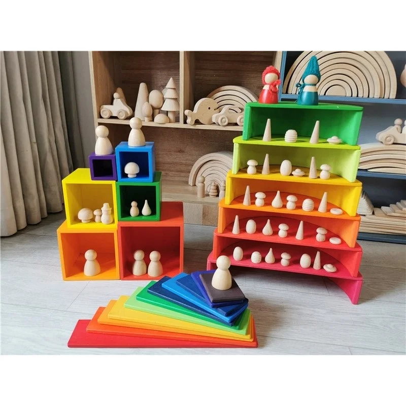 Kids Wood Rainbow Arch Stacker Pastel Building Blocks Semi-circle Balls Plate Unpaint Stacking Toys