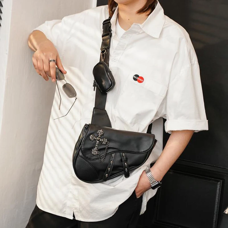 Annmouler Fashion Men\'s Handbag Saddle Purse Pu Leather Shoulder Bag Designer Crossbody Bag Cool Chest Bag