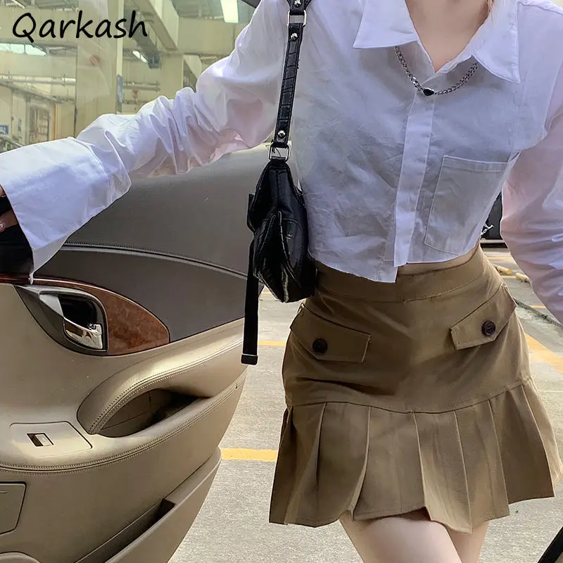 Women Sets Cropped Slim Shirt Mini Ruffles Skirt Pure Color Korean Style Ladies Party Design Fashion Femme Outfit College 2pcs