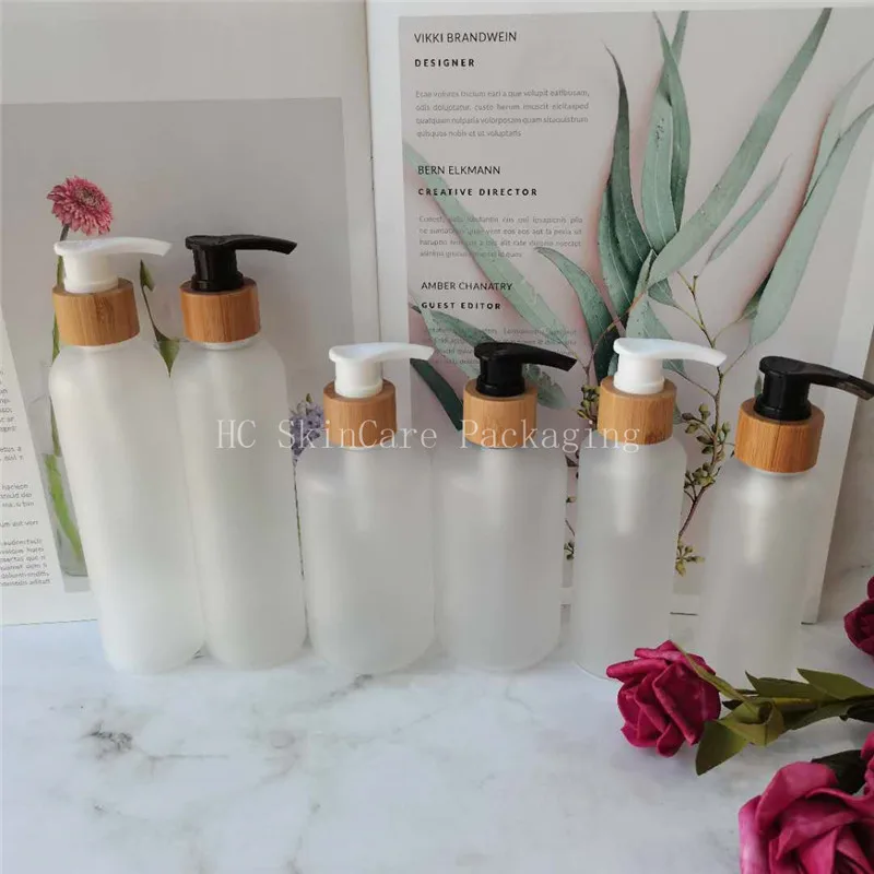 

150/250ml Empty lotion bottles cosmetic containers frosted/matte plastic bottle with bamboo cap balck/white lotion pump lid