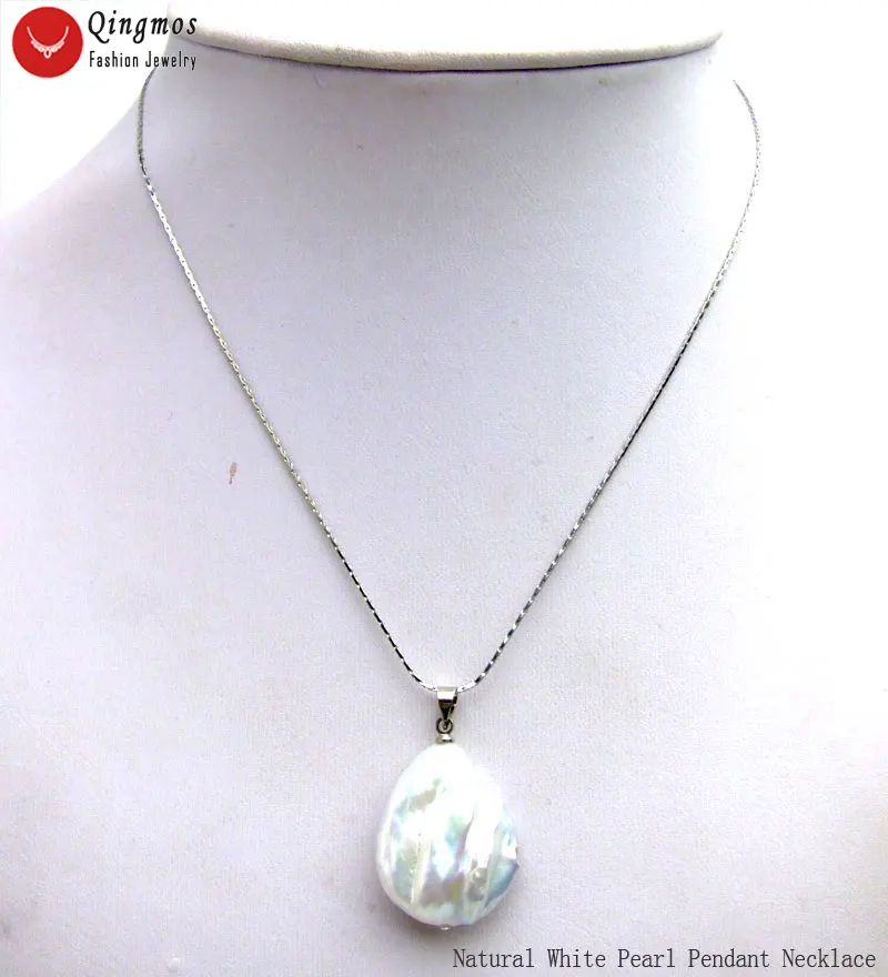 Qingmos 20*25mm Oval Coin Natural Freshwater White Pearl Pendant Necklace for Women with Slver Plated Chain 17'' Chokers Jewelry