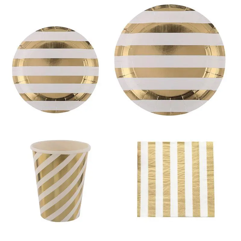 gold striped Party Tableware Disposable Paper Plate Cups Foil Straws Utensils Wedding Birthday Party Decorations Xmas