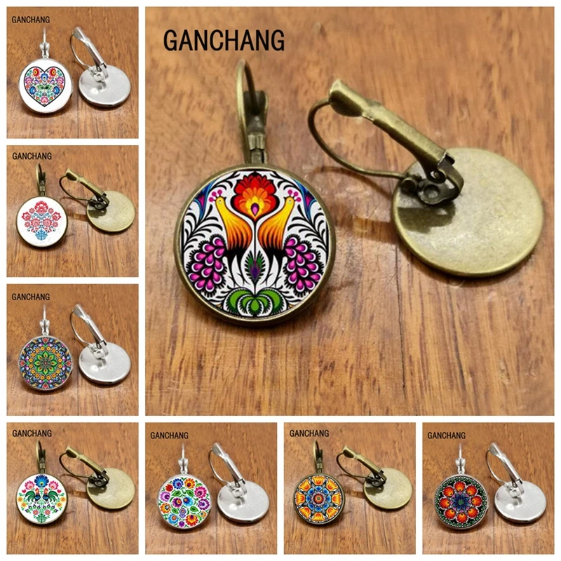 Polish folk art picture stud earrings fashion jewelry, female flower earrings with glass convex round modern paper-cut elements