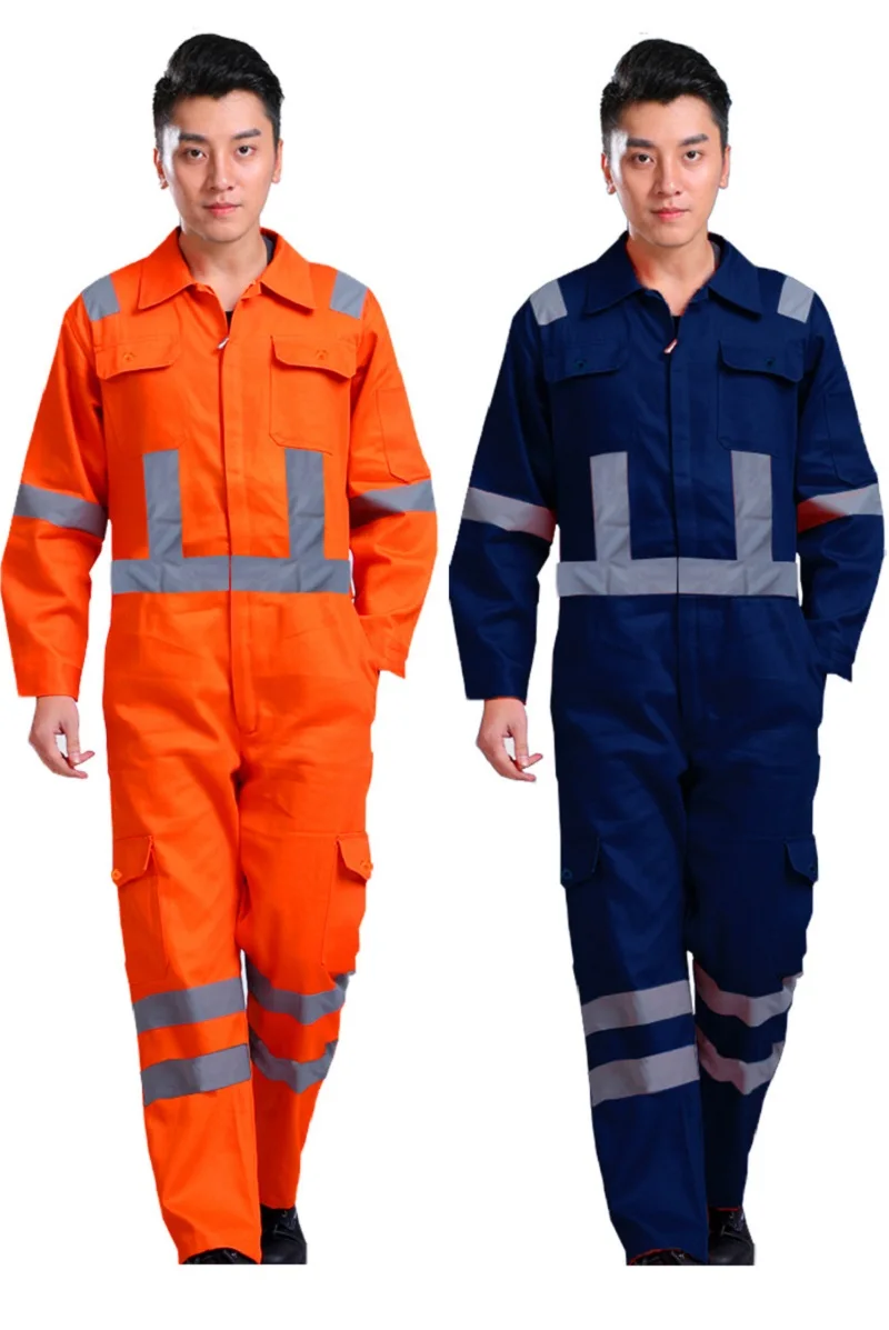 Men Work Uniforms Hi Vis Overalls Workwear Safety Reflective Tapes Blue Orange Workwear Workshop Mechanical Working Coveralls