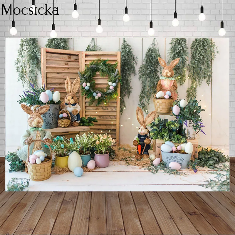 

Mocsicka Easter Backdrop For Photography Spring Flower Bunny Eggs Bucket Gray Floor Baby Child Party Background For Photo Studio