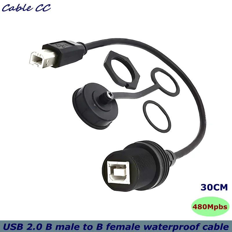 

30Cm USB 2.0 B IP67 printing waterproof cable, USB B male to B female panel mounting waterproof connector extension cable