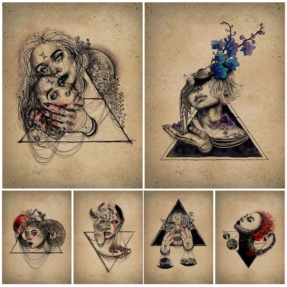 Twelve Constellations Abstract Wall Art Canvas Painting Twelve Palaces Retro Witchcraft Element Poster And Prints Home Decor