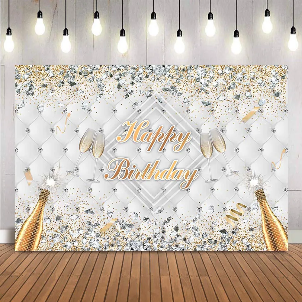 Happy birthday adult party decoration backdrop glitter shiny diamonds Champagne women birthday photo background banner decor