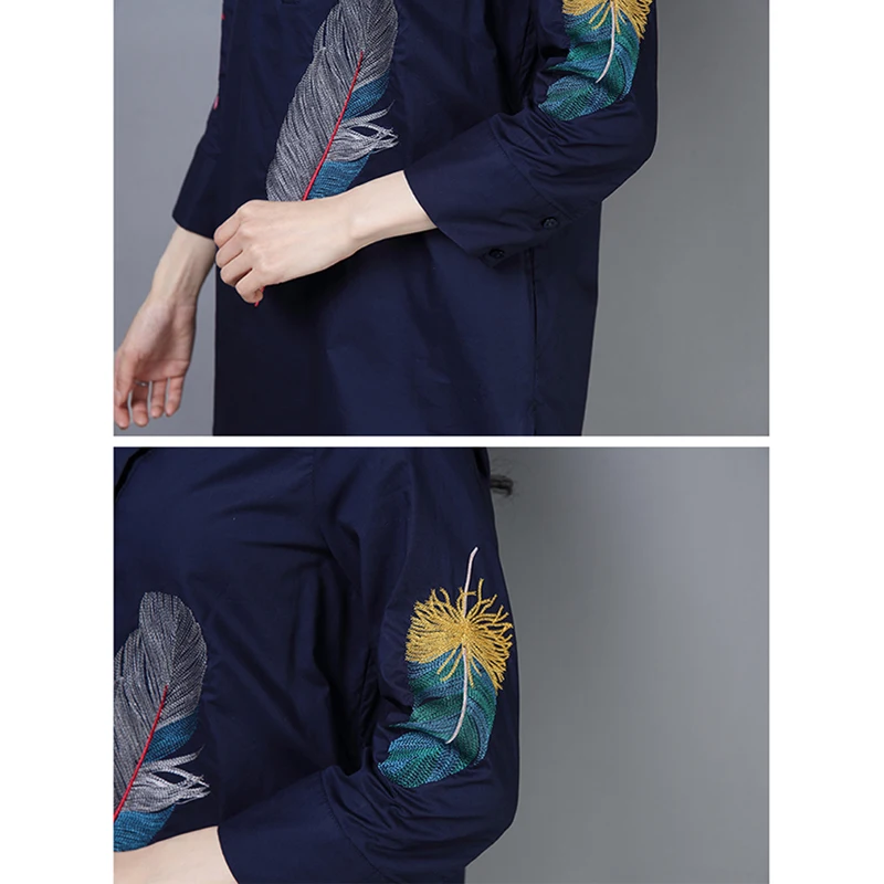 Fashion Women Blouse Summer Korean Style Art Feather Embroidery White Loose Tunics Shirts Ladies Office Work Tops blusas mujer