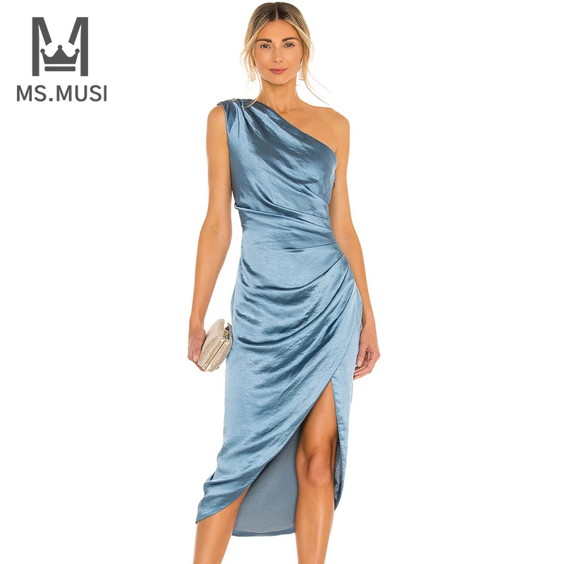 

MSMUSI New Fashion Women Light Blue One Shoulder Sleeveless Draped Satin Bodycon Midi Dress Sexy Club Party Celebrity Vestido