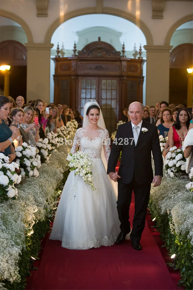 Romantico Vestido De Noiva Appliques di pizzo alto manica lunga A Line abiti da sposa abito da sposa 2018 nuovo alla moda