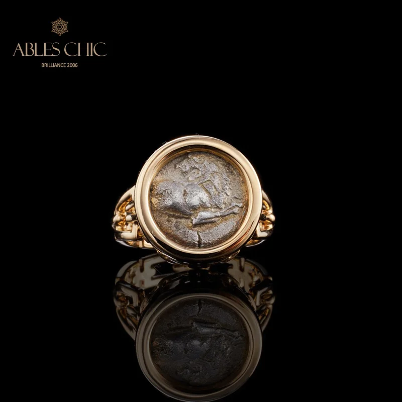 Ables Chic Byzantine Solid 18K Gold Genuine Roman Antique Coin Ancient Lion Sculpture Vintage Ring 9.88g