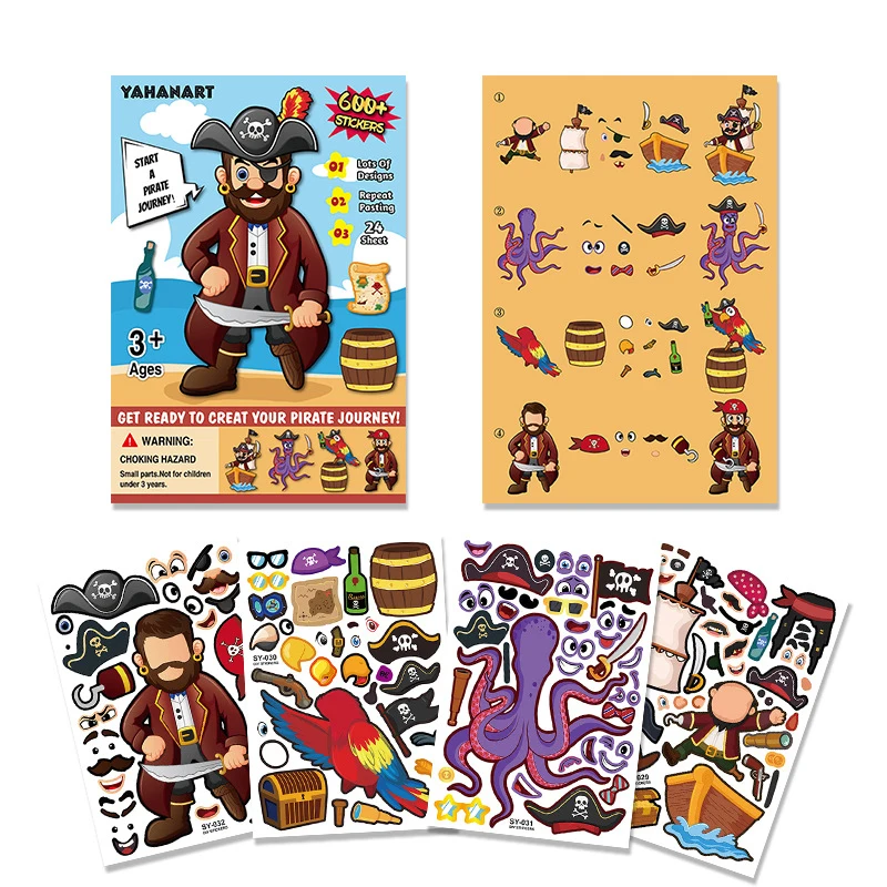 4Sheets Pirate Kingdom Kids DIY Stickers Make A Face Puzzle Games Sticker Sheet Birthday Party Gift Children Toddlers Paste Craf