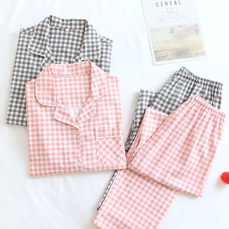 Spring / Autumn New Long Sleeved Pajamas Men and Women Trouser Suits Thin Plaid Plain Cotton Two Piece Set Lovers Home Clothes