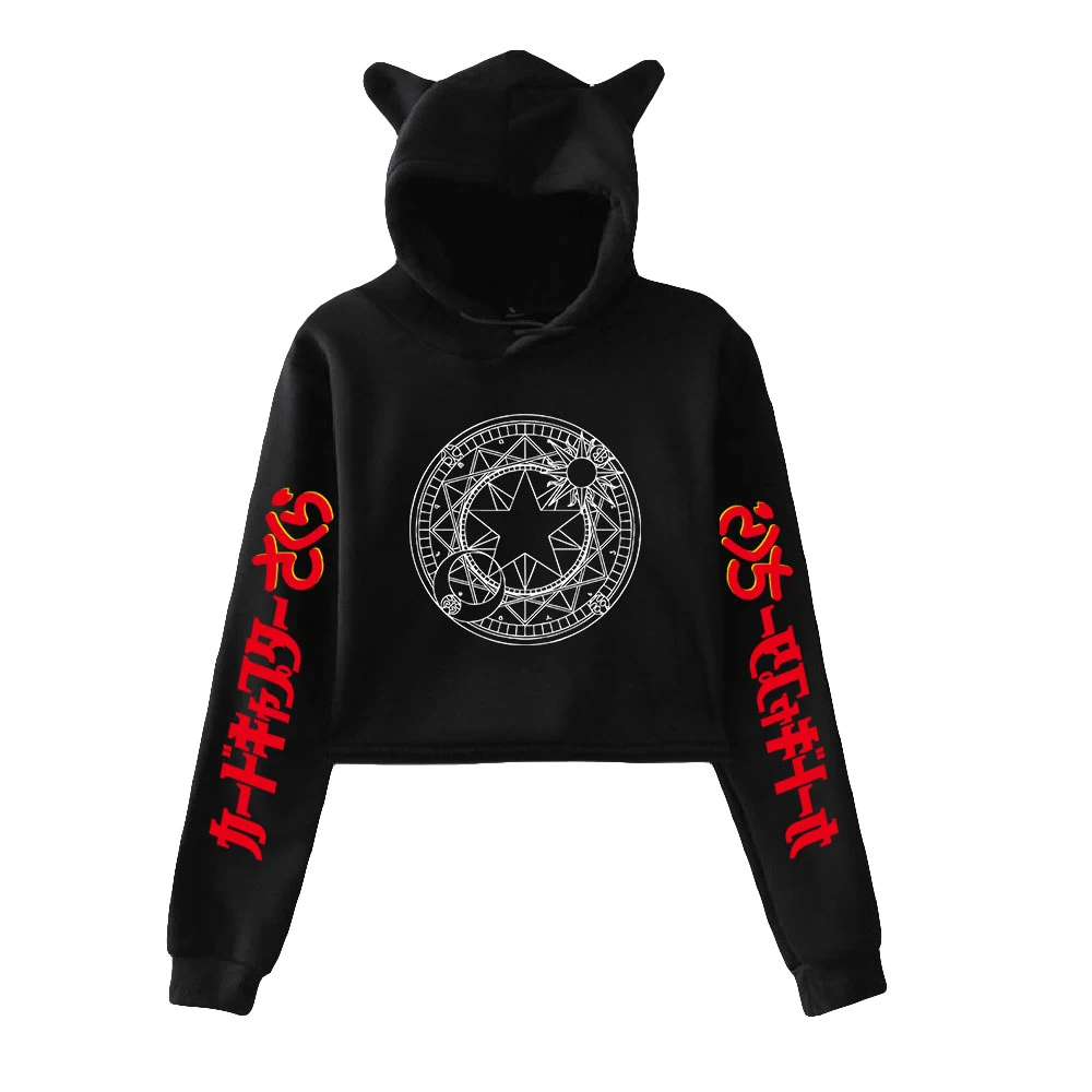 

2021 Cardcaptor Sakura Anime Harajuku CatEars Hip Hop Women Hoodie Kawaii Short Sweatshirt Show body Hoody Streetwear Clothes