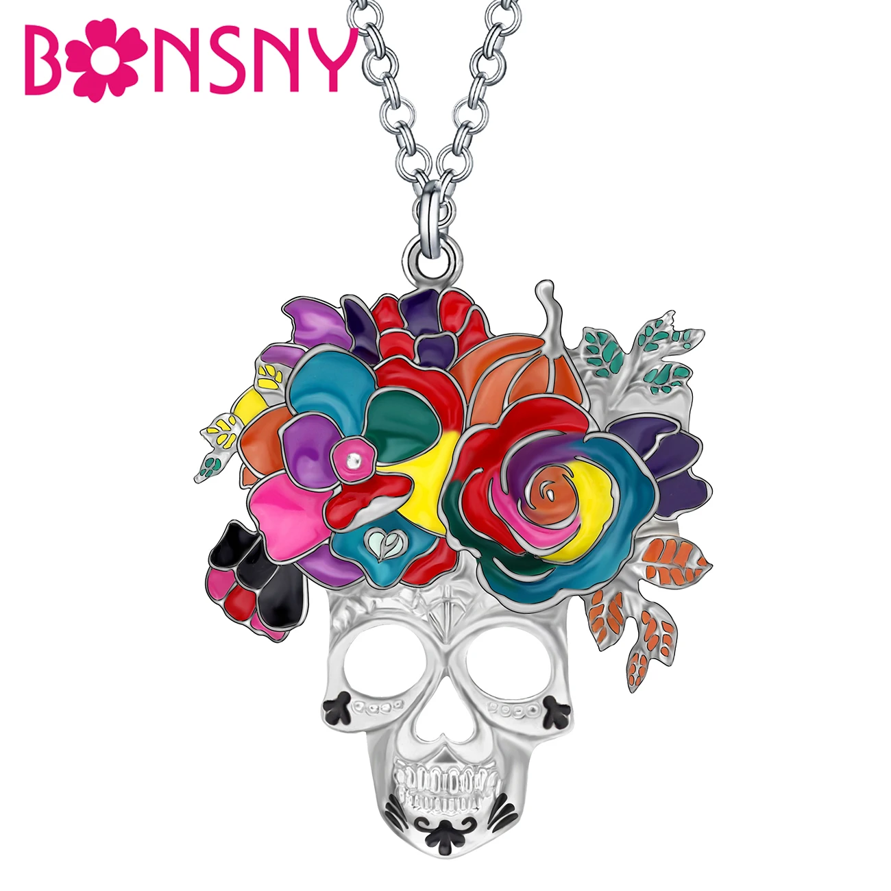 Bonsny-قلادة من المينا على شكل جمجمة وزهرة للنساء والفتيات ، إكسسوار عصري ، مثالي للهالوين