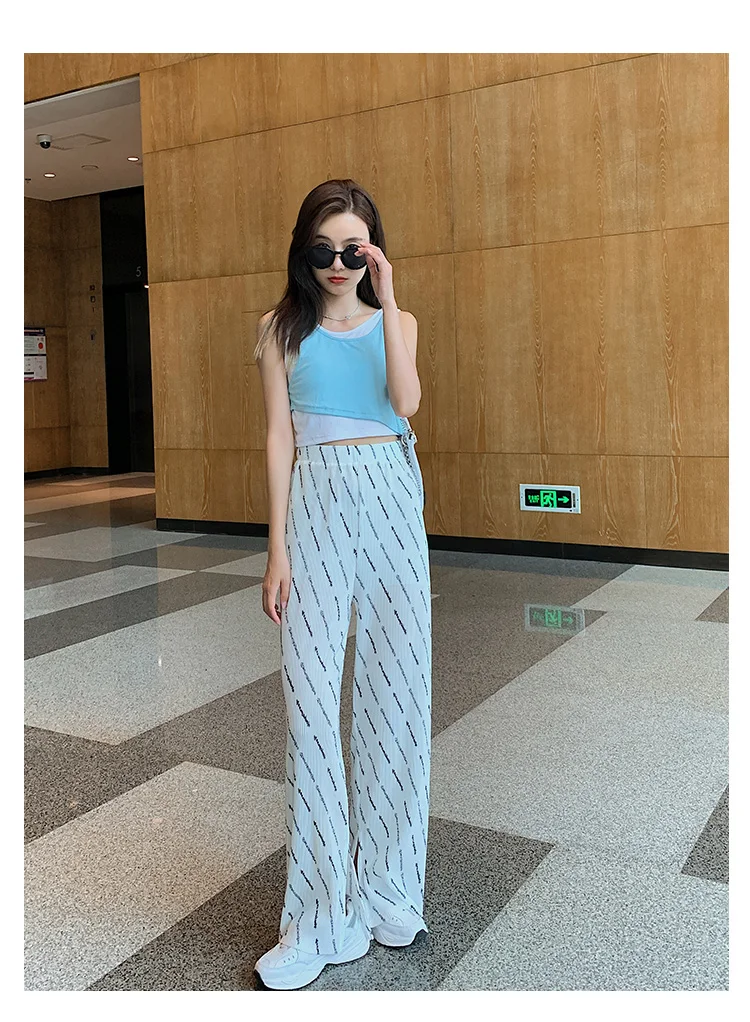 

HOT SELLING Miyake Beauty fashion fold show thin fold pants female foot trousers Letter printing straight pants IN STOCK