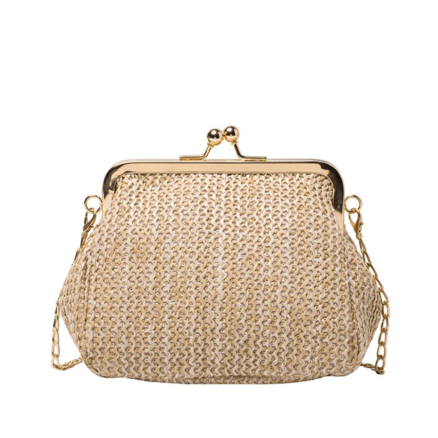 Bolsos de hombro de paja informales para mujer, bolsos tejidos de mimbre, bolso de playa de ratán, clip de gran capacidad, monederos pequeños para mujer, nuevo shopper