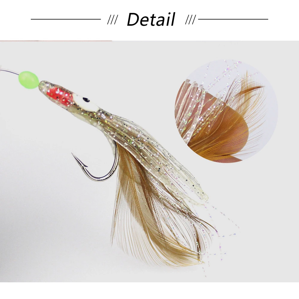 Sabiki Angelsets Köder Weiche Oktopus-Köder Leuchtende Glühperlen Feder Fischhaut Schnur-Haken Salzwasser-Angeln 1/3 Pack 1/0 # – Detail 5