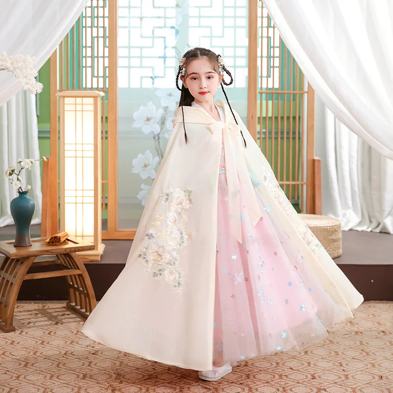 

Kids New Year's Wear Cosplay Girl's Hanfu Cape Autumn New Thin Embroidery Long Cloak Children Ancient Style Chinese Mantle