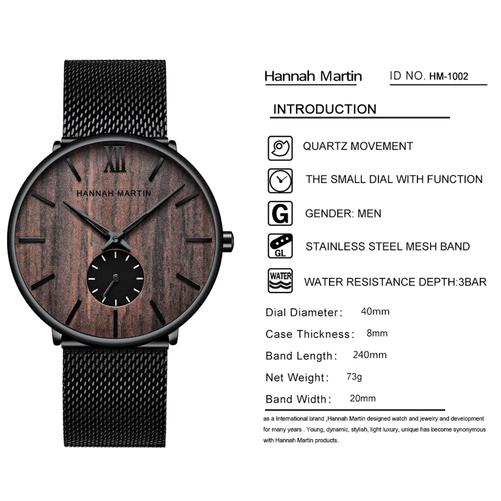 Hannah Martin Watch Men Black Stainless Steel Mesh Small Dial Men Watches Top Brand Luxury Quartz Wrist Watch relogio masculino