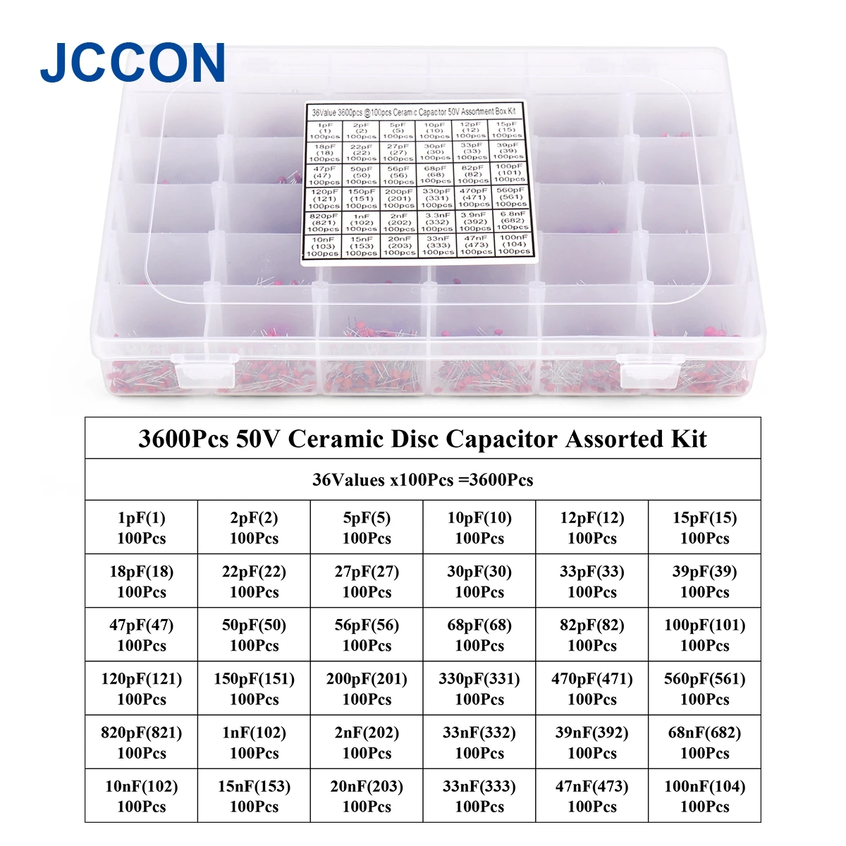 3600Pcs High Voltage Ceramic Disc Capacitor Assorted Kit 36Values x100Pcs (1pF-100nF) with Storage Box