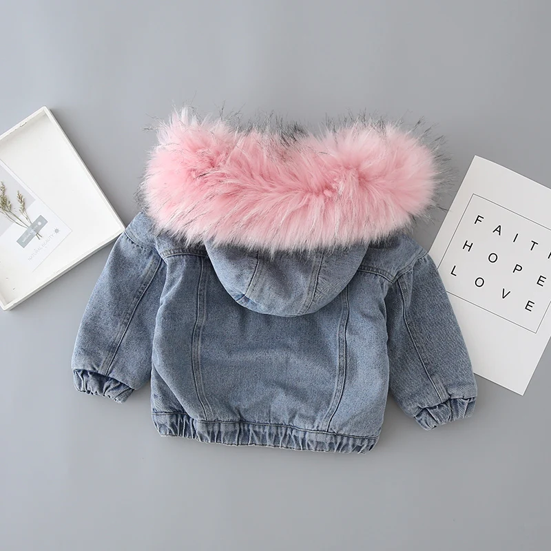 Baby Girl Deinm Jacket Winter Toddler Kids Faux Fur Hooded Fleece Warm Denim Coat 1-10Years Children Thick Outwear Coat Overcoat