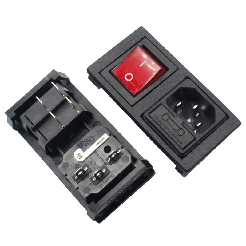 iec320 C14 10A 250VAC 3 Pin inlet connector plug power socket with 4pin red lamp rocker switch and 10A fuse