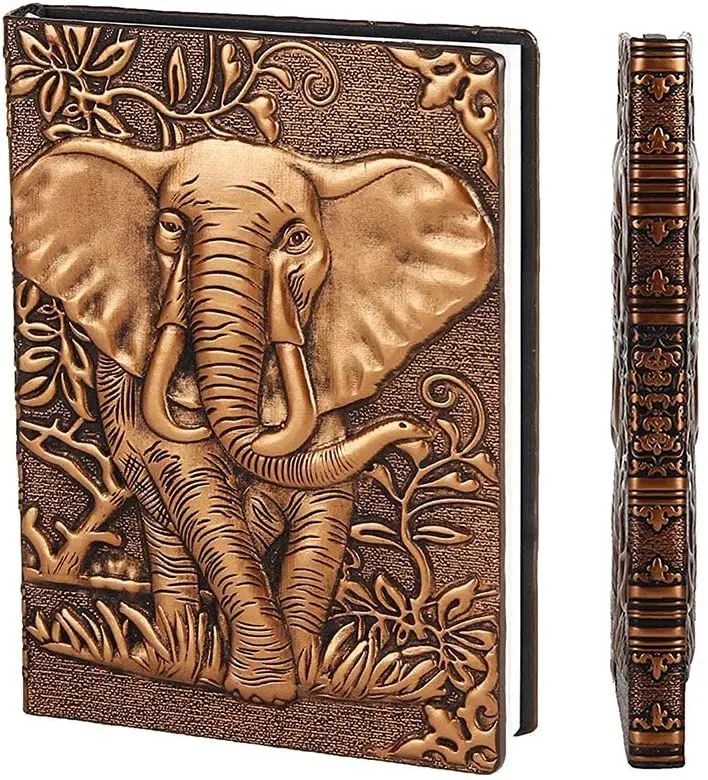 

Vintage Leather Notebook A5 Travel Journal Hardcover Diary Embossed Notepad Lined Page Yellow-White Paper 3D Elephant Copper