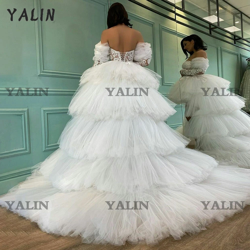 2022 New Short Wedding Prom Dresses High Low Fluffy White Tulle With Detachable Train Sexy Deep V-neck Tiered Mesh  Gowns