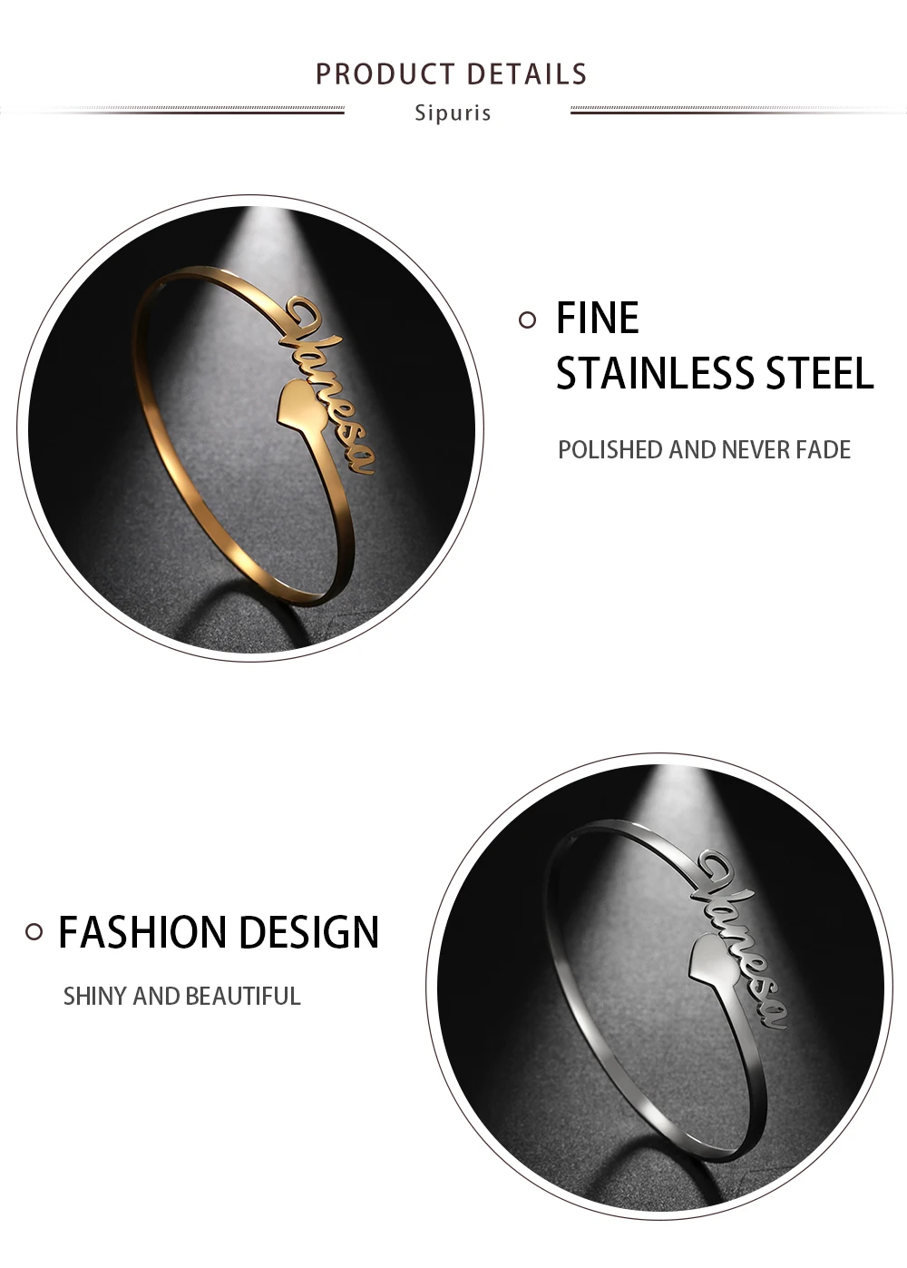 Sipuris Modisches Personalisiertes Namensarmband für Frauen aus Edelstahl, Individuelles Schmuckarmband, Bangle Femme, Maßgeschneiderte Geschenke – Detail 7