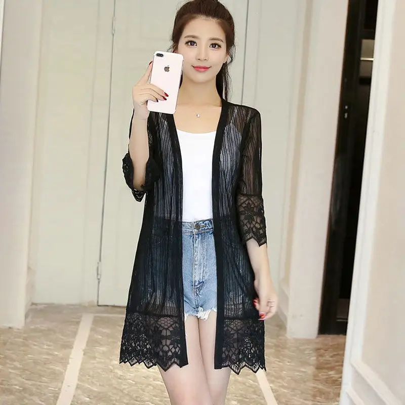 2024 Fashion Women Half Sleeve Midi Shawls Bolero Open Front Shrugs White Black  Lace Jacket Thin Cardigan Coat Y249