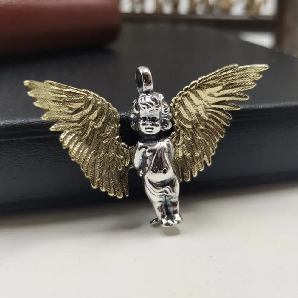 BOCAI Real Pure s925 silver little angel Man pendant personalized sweater chain accessories simple student tide couple pendant