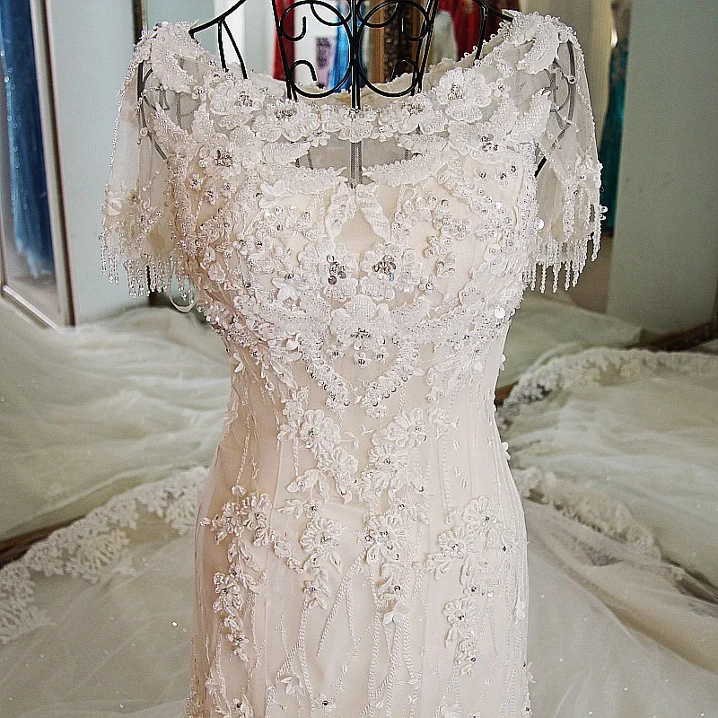 Nàng Tiên Cá Dài Váy Cưới 2021 Tay Ngắn Appliques Shinny Voan Vestidos De Novias Phối Ren Cô Dâu Đồ Bầu Càn Quét Tàu Áo