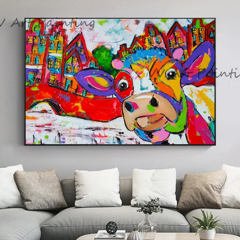 Rainbow Cow Graphic Canvas Painting, 100% Handpainted Pop Animal Contemporary Art, Modern Kitchen Living Room Wall Decoration