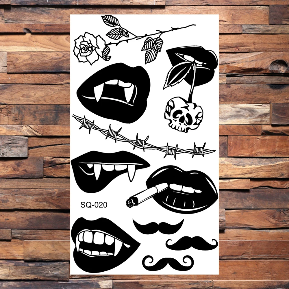 Black Lips Temporary Tattoos For Women Men Realistic Eye Skull Planet String Fake Tattoo Sticker Hand Body Tatoos Hot Sale Small