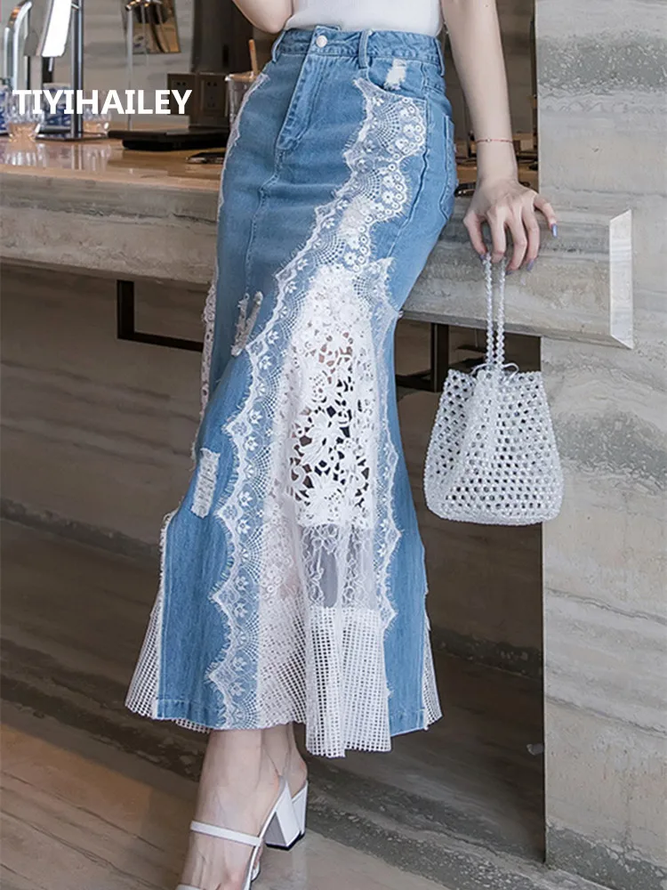 TIYIHAILEY Free Shipping 2023 Fashion Long Maxi Denim And Lace Fish Tail Skirt For Women S-2XL Mermaid Style High Waist Summer