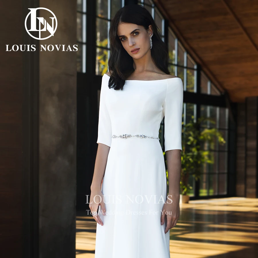 

LOUIS NOVIAS Sheath Wedding Dresses For Women Satin Half Sleeve Sashes Scoop Zipper Sweep Train Wedding Gown Vestidos De Novia
